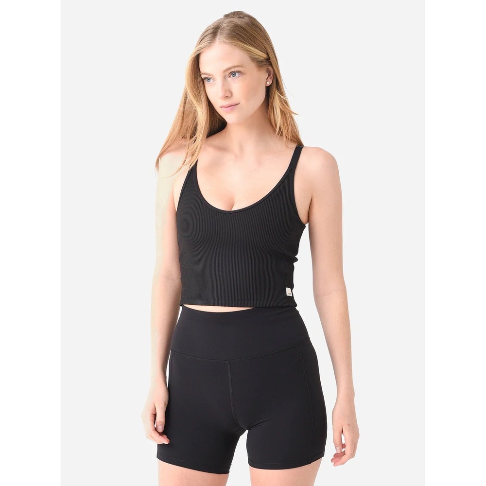 Vuori Women Black Rib Crop Tank Top V-Neck Double Cross Back Strap Size S - Picture 1 of 5